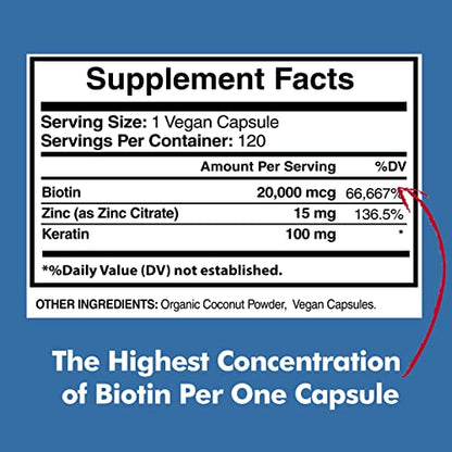 Biotin 20,000mcg with Keratin, Organic Coconut and Zinc, Hair Growth Supplements, Biotin