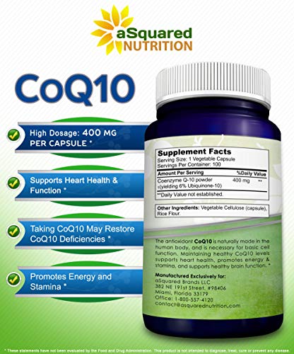 aSquared Nutrition CoQ10 (400mg Max Strength, 100 Veggie Capsules) - High Absorption