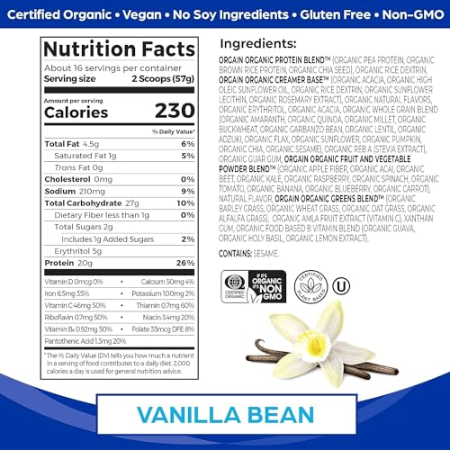 Orgain Organic Vegan Meal Replacement Protein Powder, Vanilla Bean - 20g Plant Based