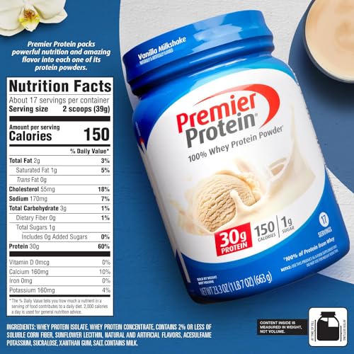 Premier Protein Powder, Vanilla Milkshake, 30g Protein, 1g Sugar, 100% Whey Protein