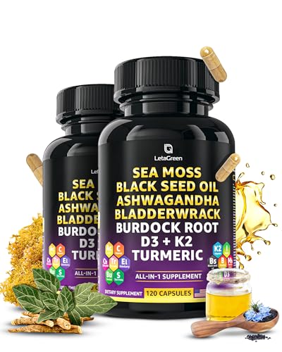 LetaGreen Irish Sea Moss Capsules – 120 Wildcrafted Sea Moss Pills with Black Seed Oil