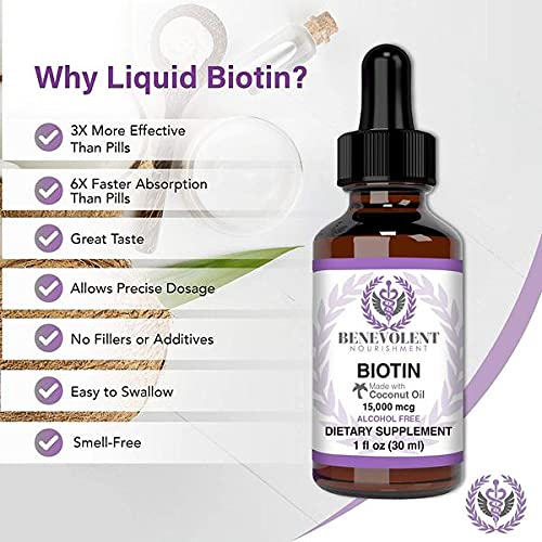 Benevolent Liquid Biotin 15000 mcg - Infused with Coconut Oil for 5X Absorption