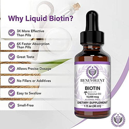 Benevolent Liquid Biotin 15000 mcg - Infused with Coconut Oil for 5X Absorption