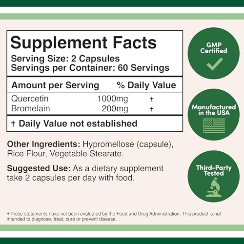 Quercetin with Bromelain - 120 Count (1,200mg Servings) Immune Health Capsules