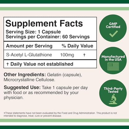 S-Acetyl L-Glutathione Capsules - 100mg, Manufactured and Tested in The USA, 60 Count