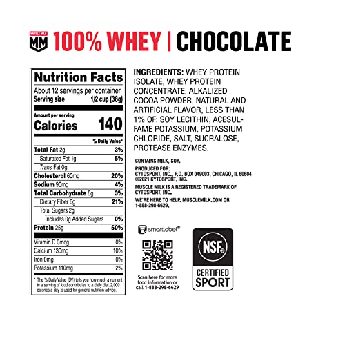 Muscle Milk 100% Whey Protein Powder, Chocolate, 5 Pound, 66 Servings, 25g Protein