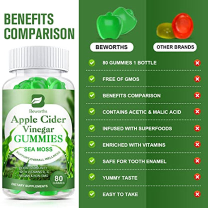 B BEWORTHS Apple Cider Vinegar & Sea Moss Gummies, Organic ACV Gummies