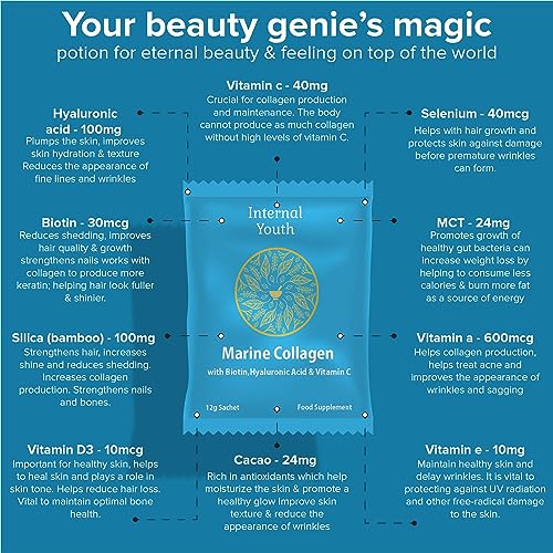 Marine Collagen Powder 10000mg with Hyaluronic Acid Biotin and Vitamin C A D3 E - Collagen