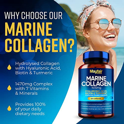 Mayfair Nutrition Marine Collagen 120 High Strength Capsules 1470mg Complex with Hyaluronic Acid