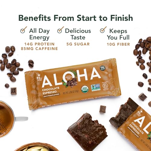 ALOHA Organic Plant Based Protein Bars - Chocolate Espresso (85mg Caffeine) - 12 Bars