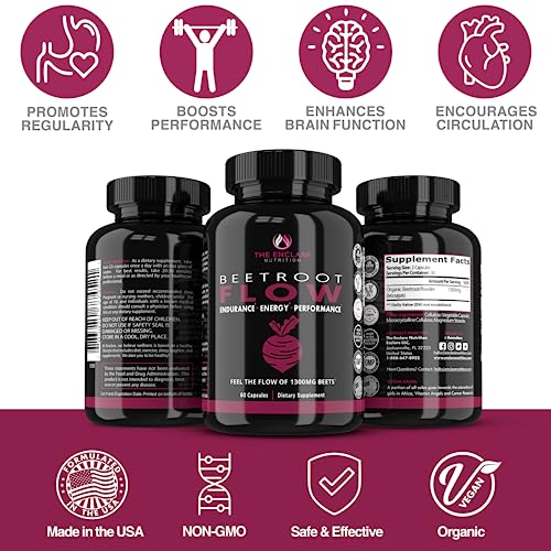 Beet Root Capsules Organic Beet Root Powder 1300mg | Natural Nitric Oxide Booster, Nitrate Supplement, Heart Health, Energy, Athletic Performance