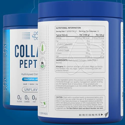 Applied Nutrition Collagen Peptides Powder - Hydrolysed Bovine Collagen Protein, Halal, Healthy Skin, Hair, Nails (Unflavoured) (300g - 15 Servings)