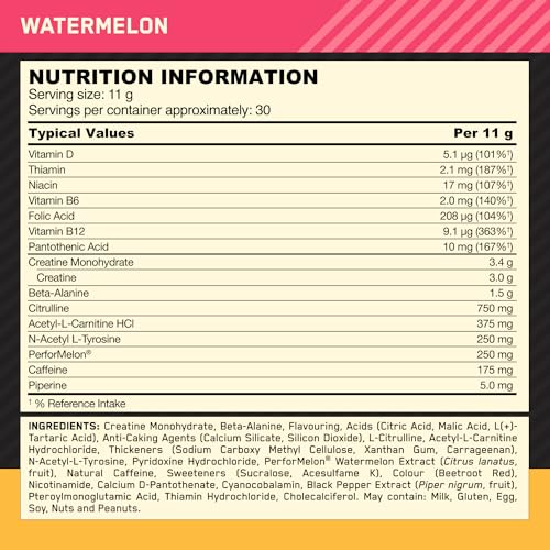 Optimum Nutrition Gold Standard Pre Workout Watermelon Flavoured Powder, 330g