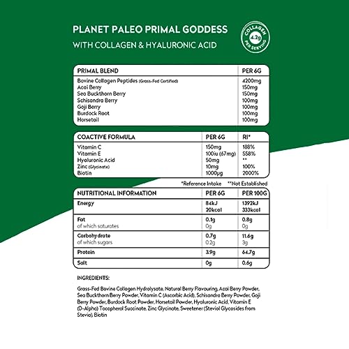 Planet Paleo Primal Goddess -Pure Collagen with Hyaluronic Acid and Zinc (210g, 35 Servings)