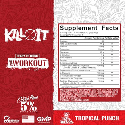 5% Nutrition Kill It Ready-to-Drink High Stim Pre Workout | 400mg Caffeine Energy Drink | Extreme Pump, Endurance, Focus & Hydration | Citrulline, Beta Alanine, Taurine | 12 Pack (Tropical Punch)