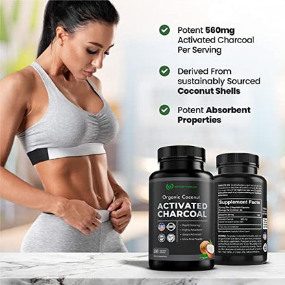 Activated Charcoal Capsules, 180 Vegan Pills Highly Absorbent Helps Reduce Gas, Bloating