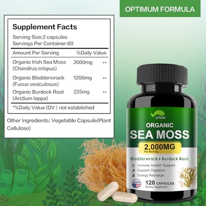 VPKIN Organic Sea Moss Capsules with Bladderwrack,Burdock Root and Black Pepper