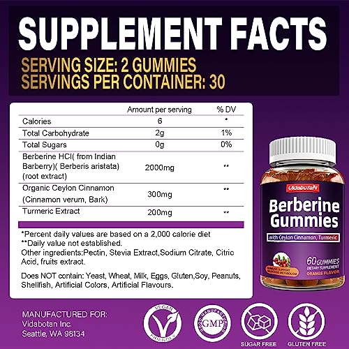 Berberine Gummies with Ceylon Cinnamon 2000mg High Potency Berberine HCI Supple