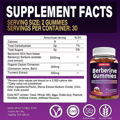 Berberine Gummies with Ceylon Cinnamon 2000mg High Potency Berberine HCI Supple