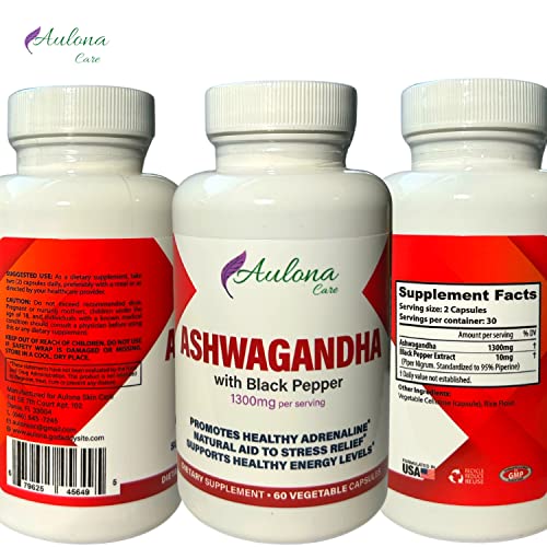 Aulona Care Ashwagandha with Black Pepper 1300mg for Healthy Adrenaline, Stress Relief