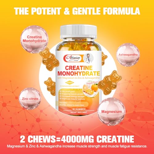 Alliwise Creatine Monohydrate Supplement Gummies for Men & Women, Sugar-Free Creatin