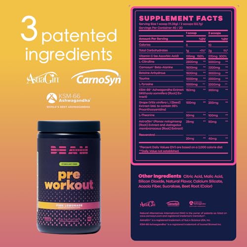 BEAM Be Amazing Vegan Stim Free Pre-Workout Powder | Energy Booster Powdered Drink with No Caffeine, No Crash, No Jitters | Gluten-Free Supplement with Adaptogens | Pink Lemonade, 40 Scoops