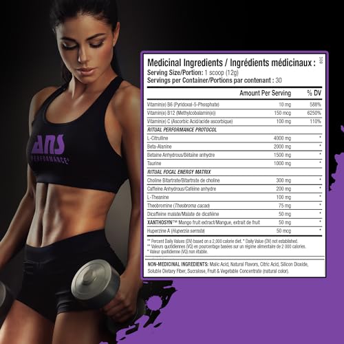 ANS Performance Ritual Pre Workout (30 Servings, 12.7 oz) - Complete Preworkout Formula - Energy, Focus, & Strength - Increase Power Output & Workout Volume - Endurance & Stamina (Grape)