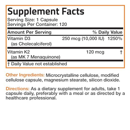 Bronson Vitamin K2 (MK7) with D3 Extra Strength Supplement Bone and Heart Health Non