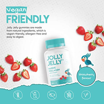 Marine Collagen Gummies by Jolly Jelly® - Wild-Caught Marine Collagen Tapioca Gummies - Type 1 Hydrolysed Collagen - Strawberry Flavour - 60 Gummies.