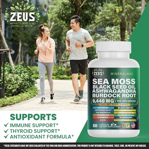 Sea Moss Capsules with Black Seed Oil, Burdock Root, Bladderwrack, Turmeric, Ashwagan