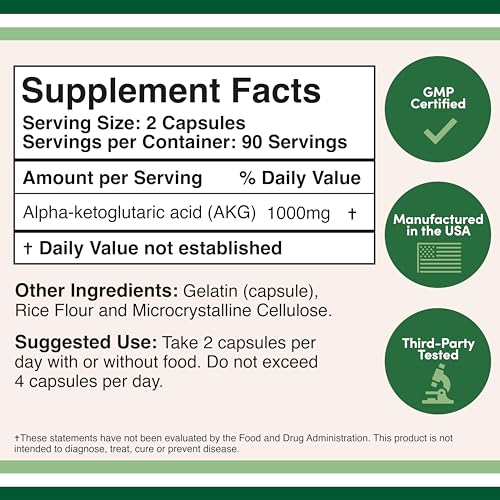 AKG Supplement (Alpha Ketoglutaric Acid) 1,000mg Per Serving (180 Capsules) Different