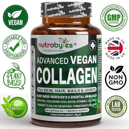 Vegan Collagen Supplement For Skin, Hair, Nails, Joints & Bones with Hyaluronic Acid, Biotin, Lysine, Bamboo Silica, Zinc, Vitamin C, D3, B12, E