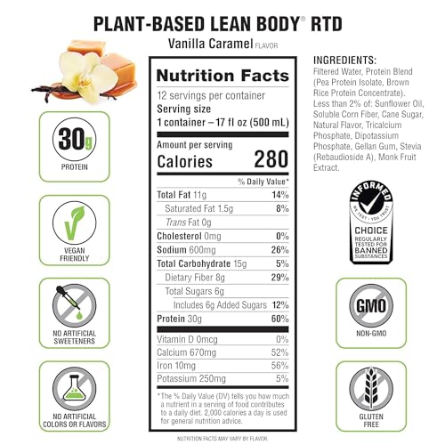 Lean Body Ready-to-Drink, Plant-Based Vegan Vanilla Caramel Protein Shake, 30g Protein