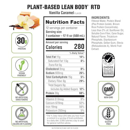 Lean Body Ready-to-Drink, Plant-Based Vegan Vanilla Caramel Protein Shake, 30g Protein