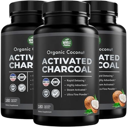 Activated Charcoal Capsules, 180 Vegan Pills Highly Absorbent Helps Reduce Gas, Bloating