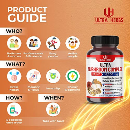 Ultra Mushroom Complex 17200MG Lion's Mane 4000mg Cordyceps 2000mg Maitake