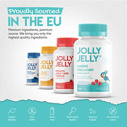 Marine Collagen Gummies by Jolly Jelly® - Wild-Caught Marine Collagen Tapioca Gummies - Type 1 Hydrolysed Collagen - Strawberry Flavour - 60 Gummies.