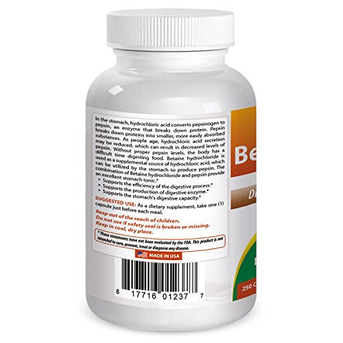 Best Naturals Betaine HCL 648 mg 250 Capsules