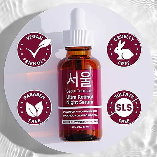 SeoulCeuticals 1% Korean Retinol Night Serum for Face - 97.5% Snail Mucin + Hyaluronic