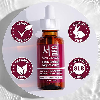 SeoulCeuticals 1% Korean Retinol Night Serum for Face - 97.5% Snail Mucin + Hyaluronic