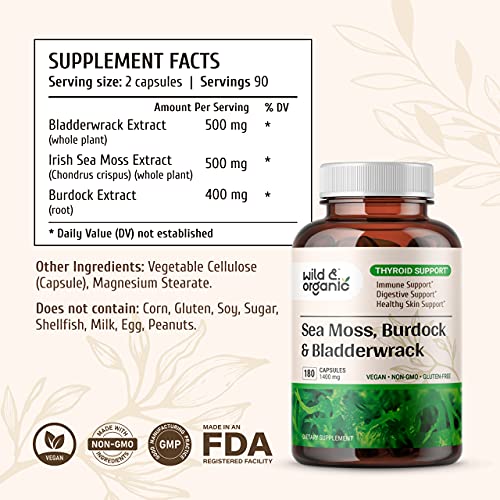 Sea Moss Capsules - 180 Caps Wildcrafted Irish Moss, Burdock Root & Bladderwrack