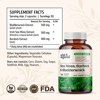 Sea Moss Capsules - 180 Caps Wildcrafted Irish Moss, Burdock Root & Bladderwrack