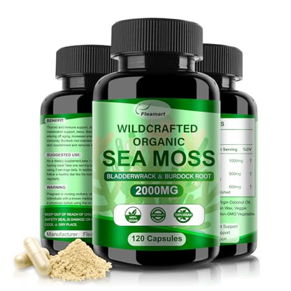 Fleamart 2 Pack Irish Sea Moss Capsules 120ct Raw Organic Sea Moss Wildcrafted Bladder