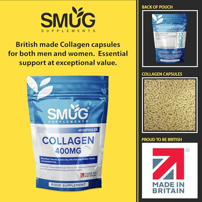 SMUG Supplements Collagen Capsules - 60 High Strength 400mg Pills - Promotes Healthy Skin