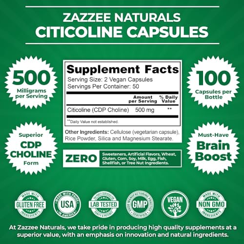 Zazzee Extra Strength Citicoline CDP Choline, 500 mg per Serving, 100 Vegan Capsules