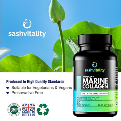 Marine Collagen Supplements - 90 Capsules with Vitamin C, Vitamin E, Hyaluronic Acid, Aloe Vera, Turmeric