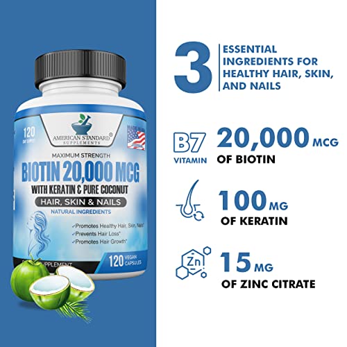 Biotin 20,000mcg with Keratin, Organic Coconut and Zinc, Hair Growth Supplements, Biotin