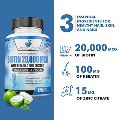 Biotin 20,000mcg with Keratin, Organic Coconut and Zinc, Hair Growth Supplements, Biotin