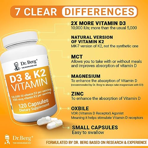 Dr. Berg's Vitamin D3 K2 Supplement w/MCT Oil - Includes 10,000 IU of Vitamin D3