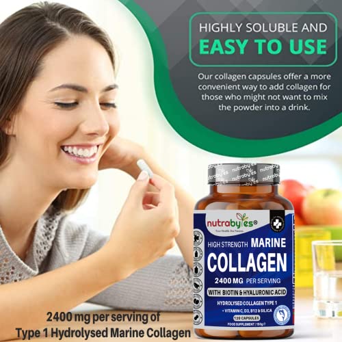 High Strength Marine Collagen 2400mg with Hyaluronic Acid 100mg, Biotin, Vitamin C, D3, B12 and Silica